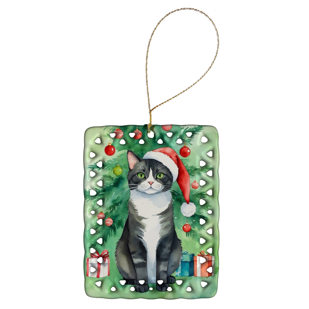 DAC7190CO2 3.4 x 2.6 in. American Polydactyl Cat by the Christmas Tree Porcelain Ornament