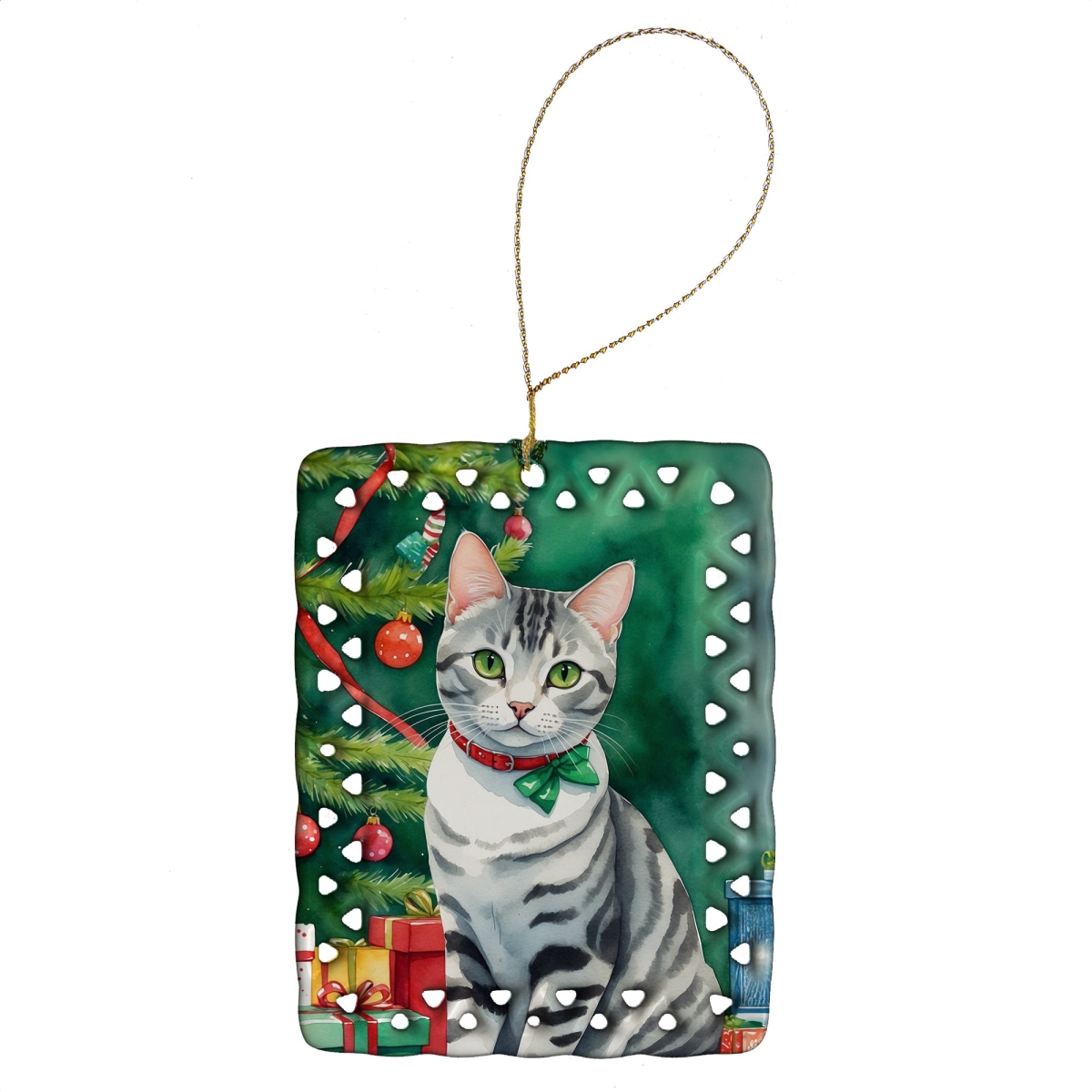 DAC7191CO2 3.4 x 2.6 in. American Shorthair Cat by the Christmas Tree Porcelain Ornament