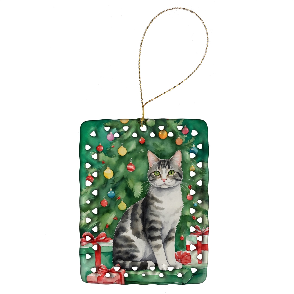 DAC7192CO2 3.4 x 2.6 in. American Wirehair Cat by the Christmas Tree Porcelain Ornament