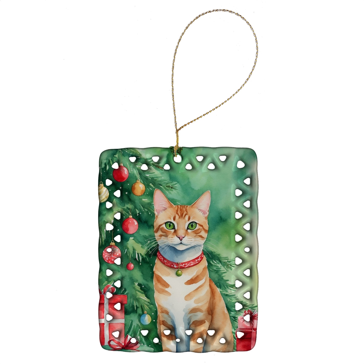 DAC7193CO2 3.4 x 2.6 in. Arabian Mau Cat by the Christmas Tree Porcelain Ornament