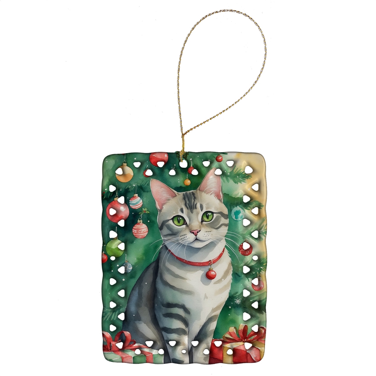 DAC7194CO2 3.4 x 2.6 in. Asian Cat by the Christmas Tree Porcelain Ornament