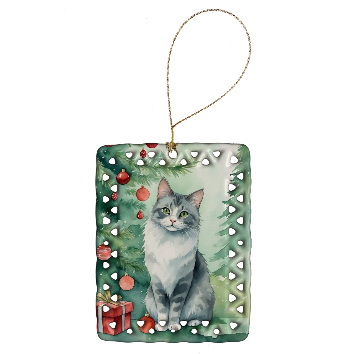DAC7195CO2 3.4 x 2.6 in. Australian Mist Cat by the Christmas Tree Porcelain Ornament