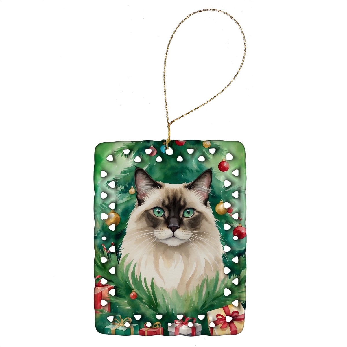 DAC7196CO2 3.4 x 2.6 in. Balinese Cat by the Christmas Tree Porcelain Ornament