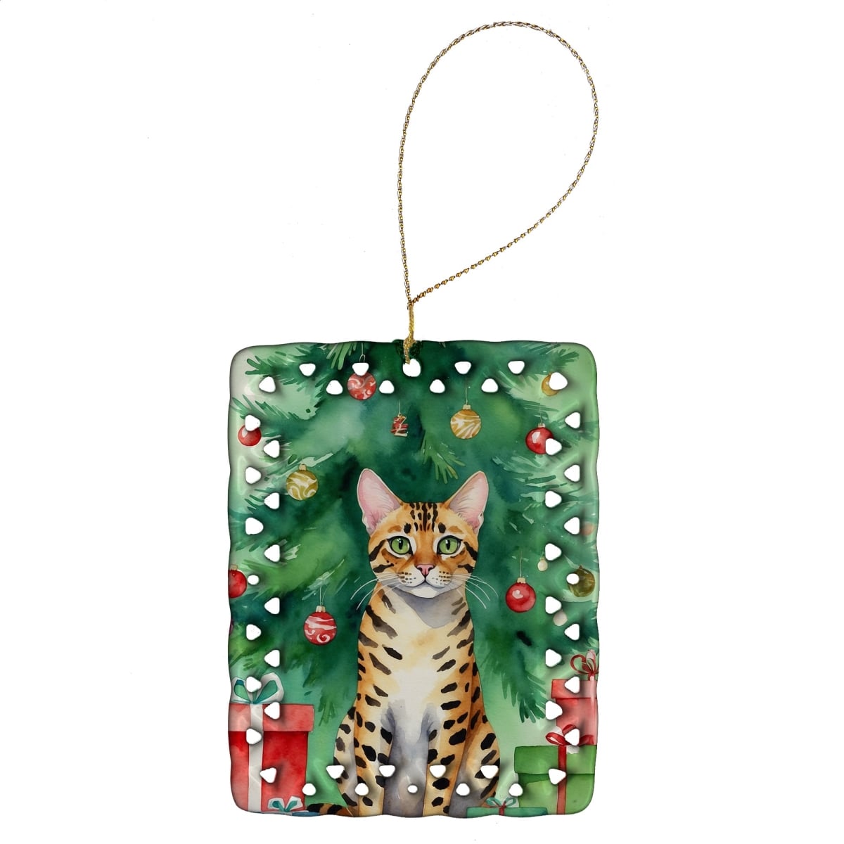 DAC7197CO2 3.4 x 2.6 in. Bengal Cat by the Christmas Tree Porcelain Ornament