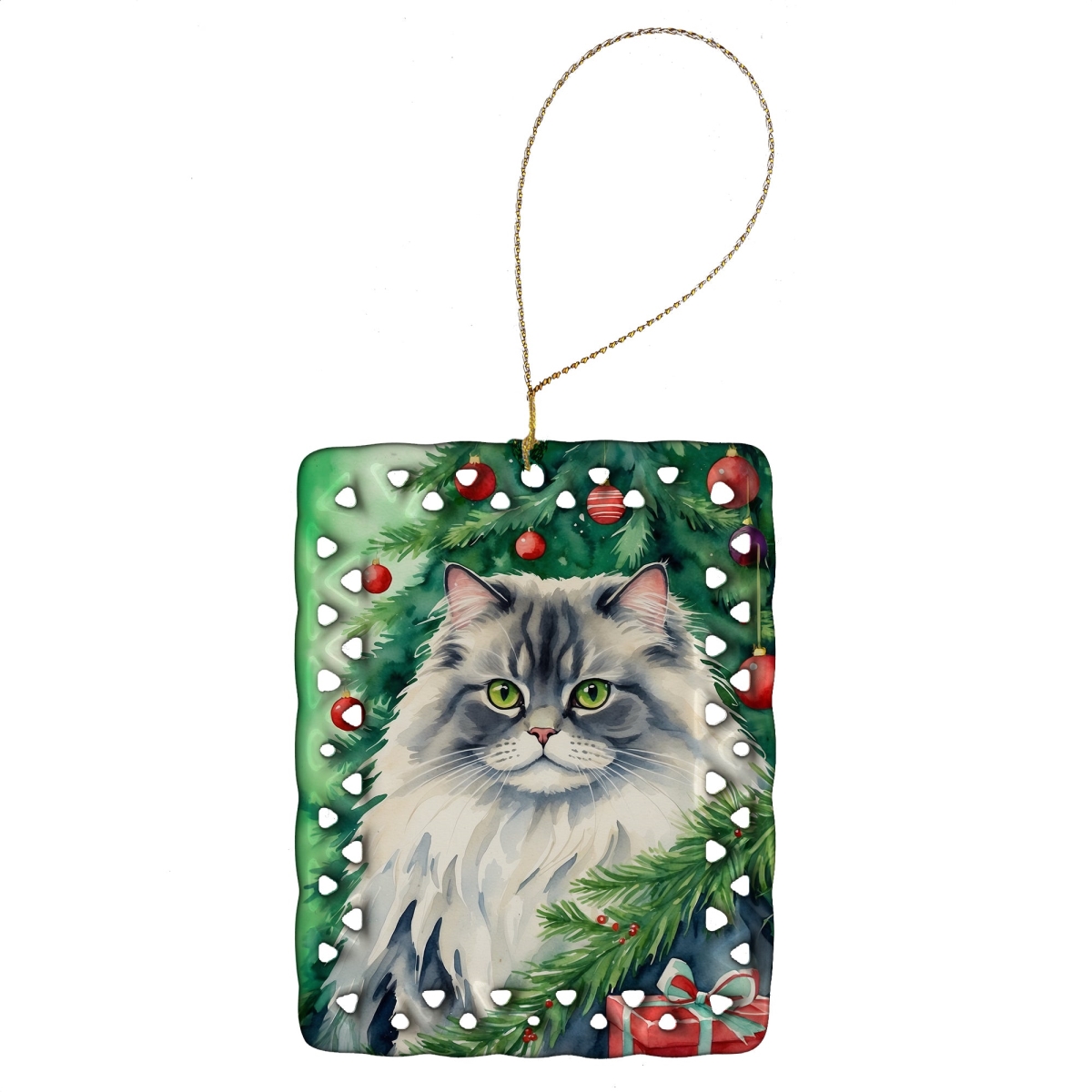 DAC7199CO2 3.4 x 2.6 in. British Longhair Cat by the Christmas Tree Porcelain Ornament