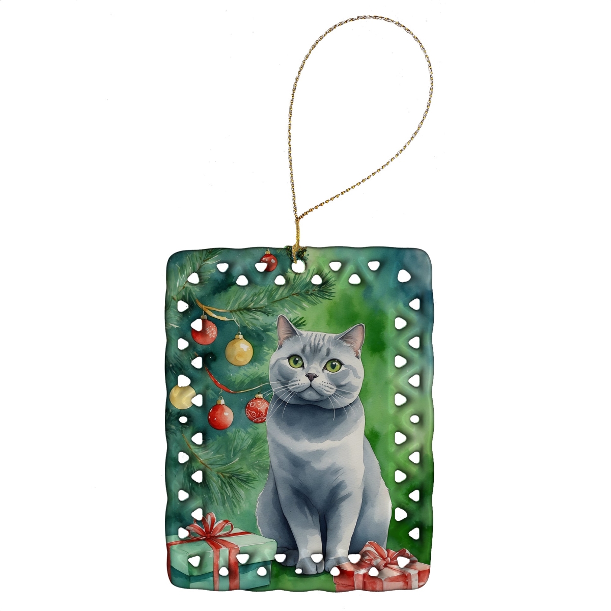 DAC7200CO2 3.4 x 2.6 in. British Shorthair Cat by the Christmas Tree Porcelain Ornament
