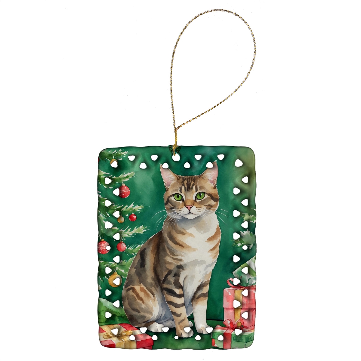 DAC7201CO2 3.4 x 2.6 in. California Spangled Cat by the Christmas Tree Porcelain Ornament