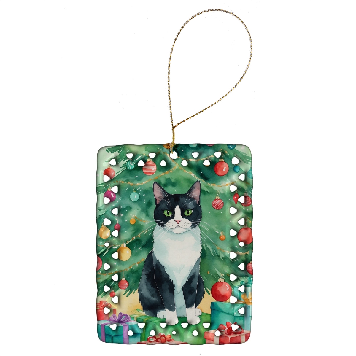 DAC7202CO2 3.4 x 2.6 in. Chantilly Tiffany Cat by the Christmas Tree Porcelain Ornament