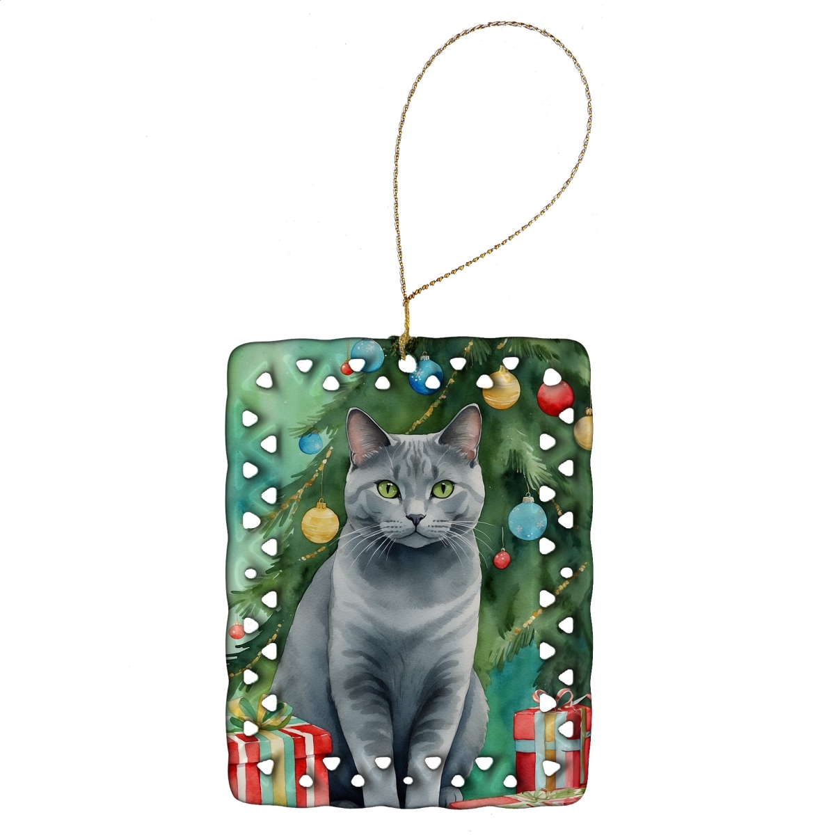 DAC7203CO2 3.4 x 2.6 in. Chartreux Cat by the Christmas Tree Porcelain Ornament