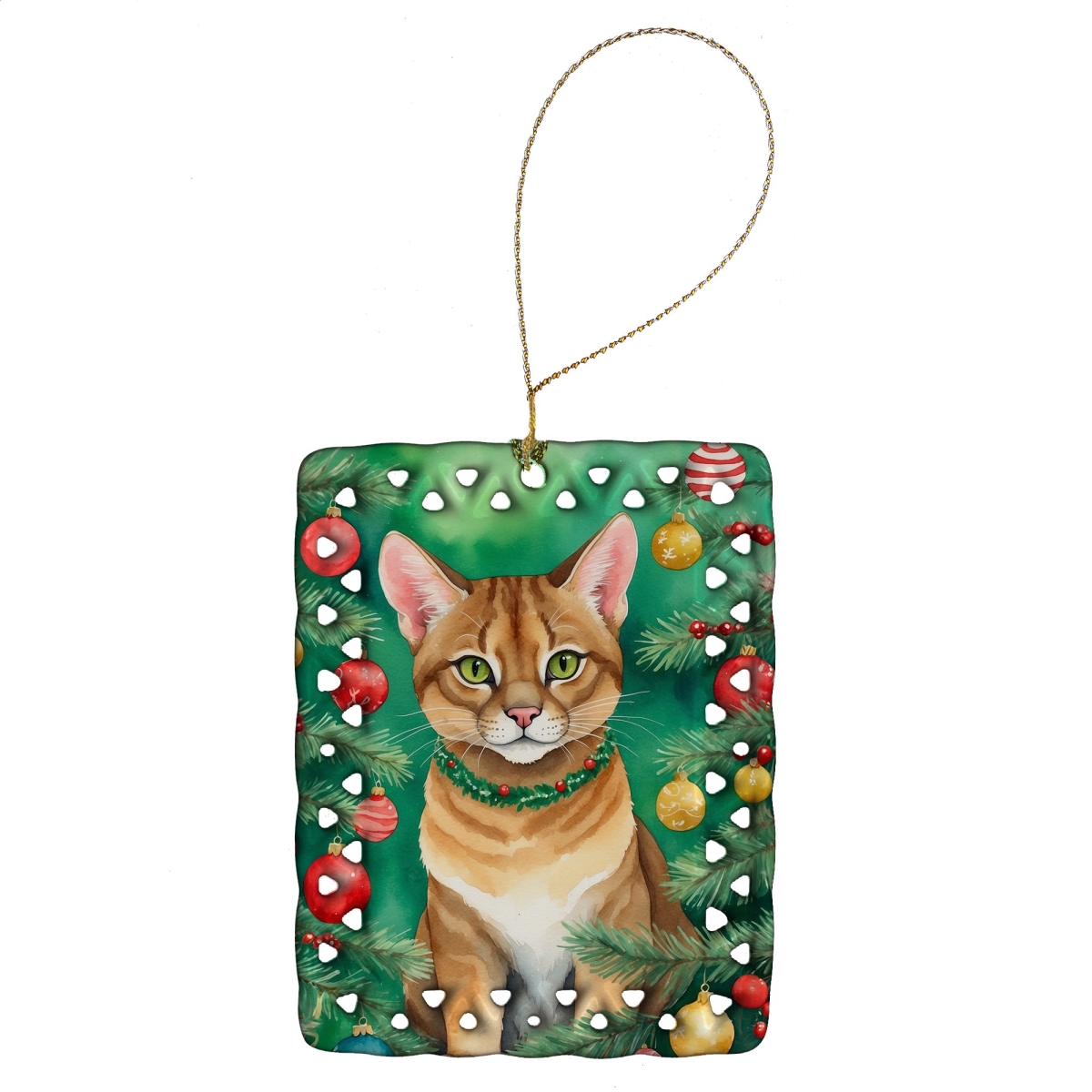 DAC7204CO2 3.4 x 2.6 in. Chausie Cat by the Christmas Tree Porcelain Ornament