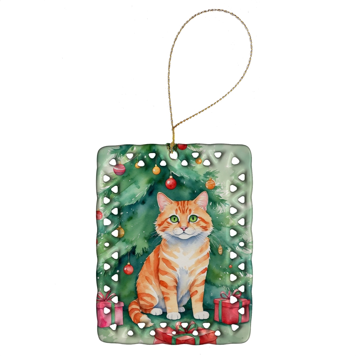 DAC7205CO2 3.4 x 2.6 in. Cheetoh Cat by the Christmas Tree Porcelain Ornament