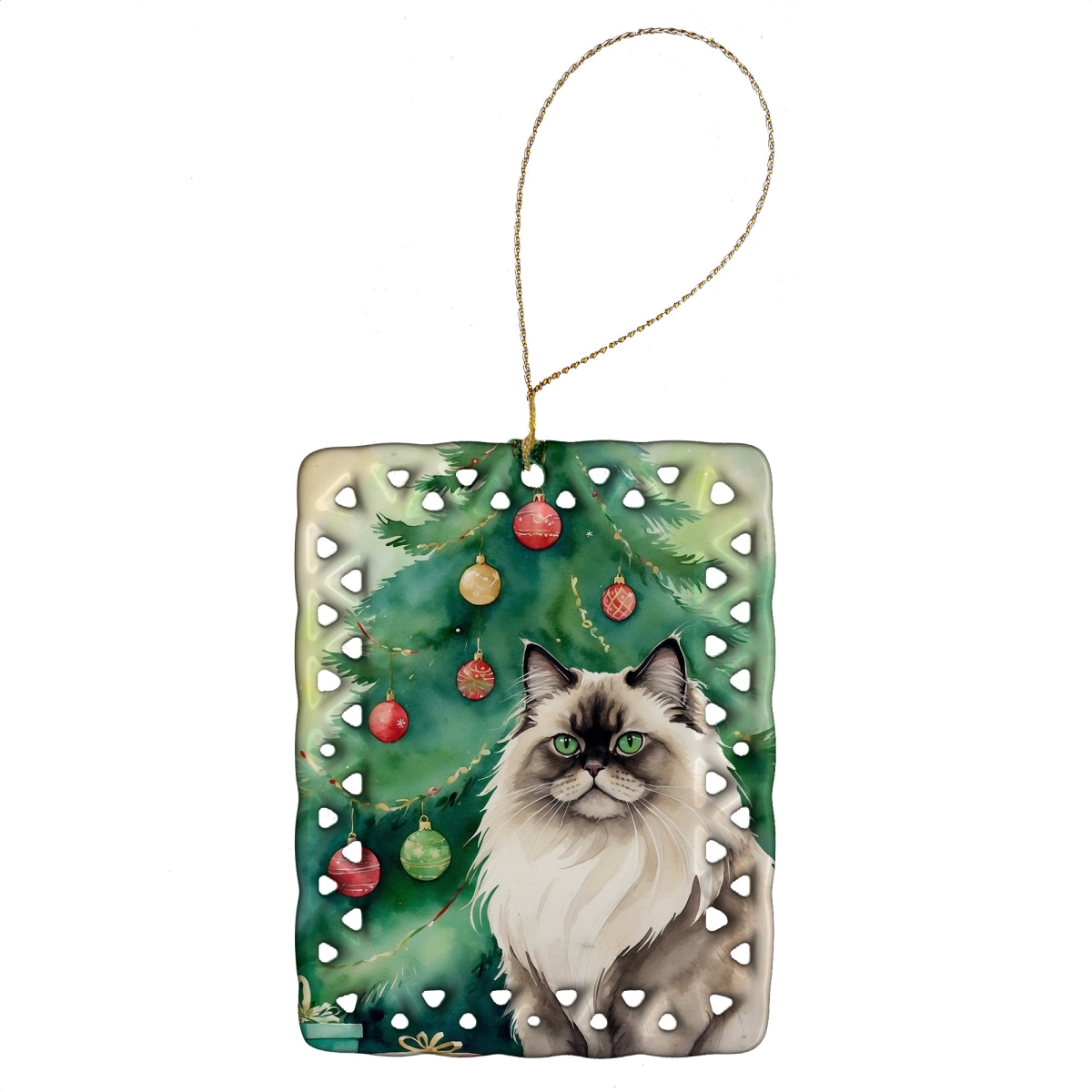 DAC7206CO2 3.4 x 2.6 in. Colorpoint Longhair Cat by the Christmas Tree Porcelain Ornament