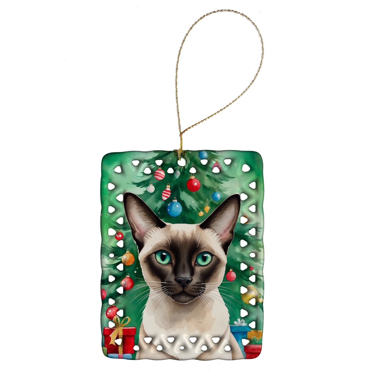 DAC7207CO2 3.4 x 2.6 in. Colorpoint Shorthair Cat by the Christmas Tree Porcelain Ornament