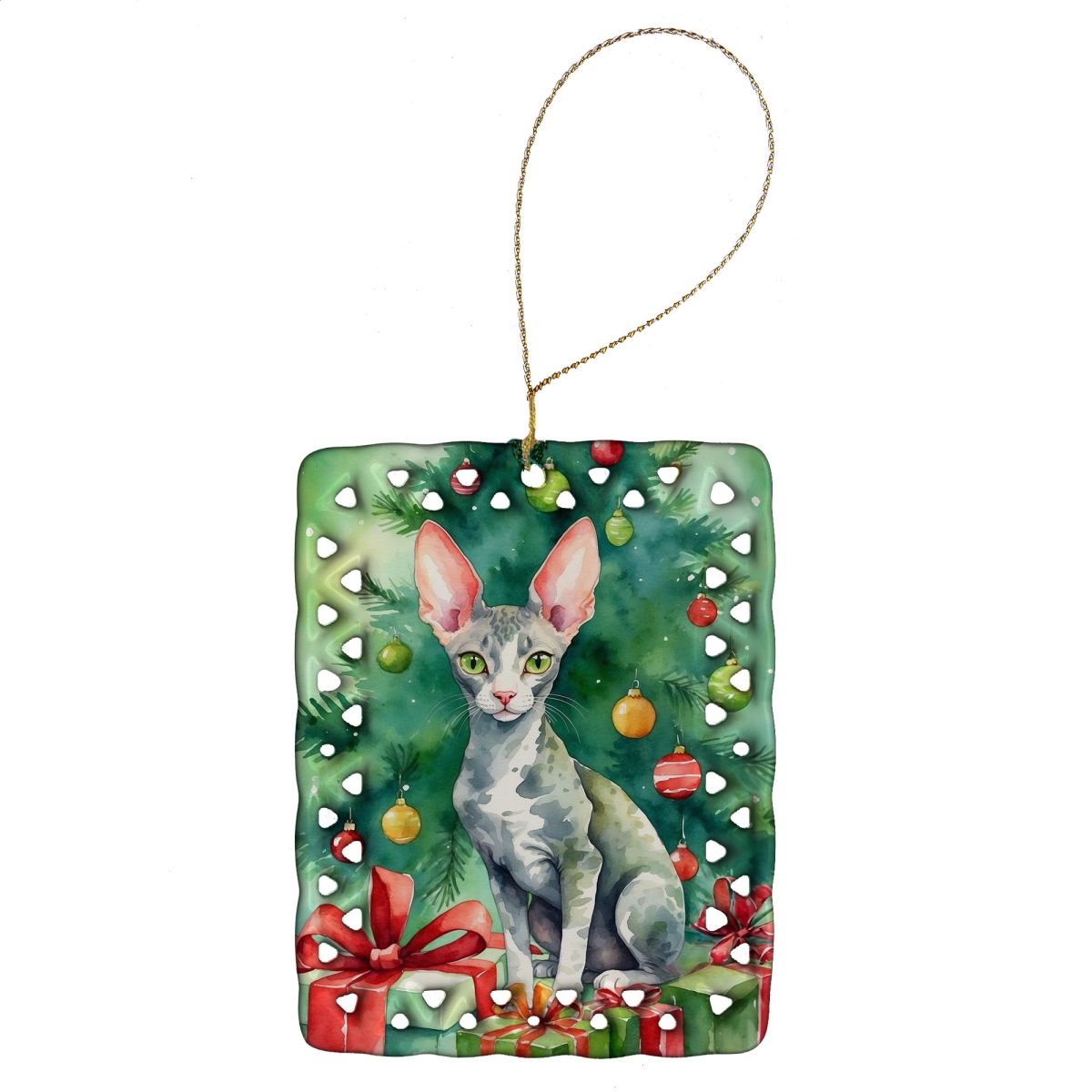 DAC7208CO2 3.4 x 2.6 in. Cornish Rex Cat by the Christmas Tree Porcelain Ornament