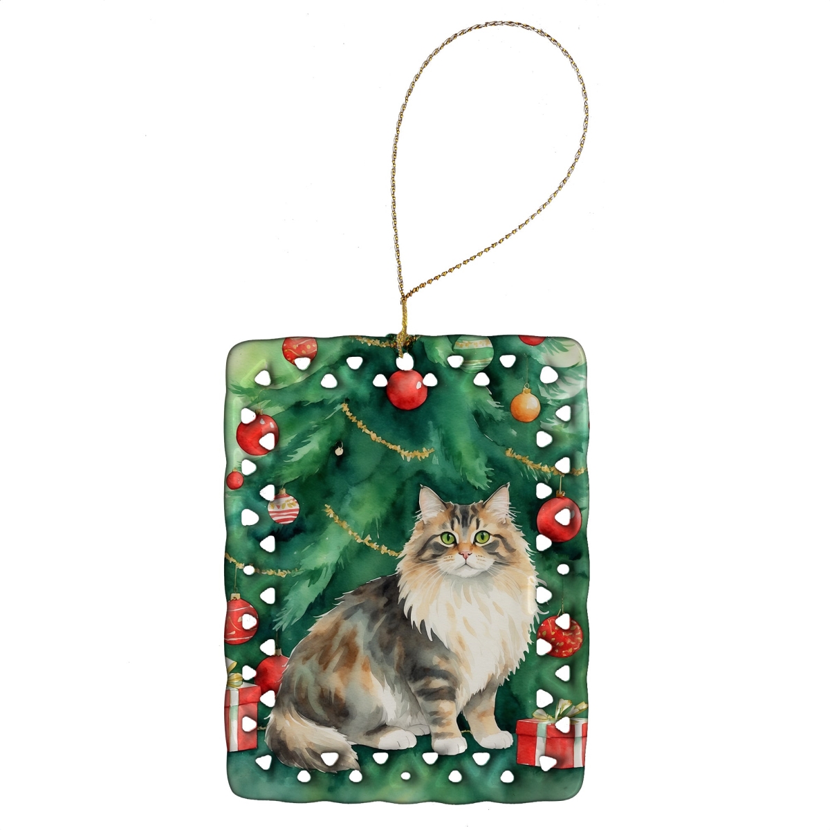 DAC7209CO2 3.4 x 2.6 in. Cymric Cat by the Christmas Tree Porcelain Ornament
