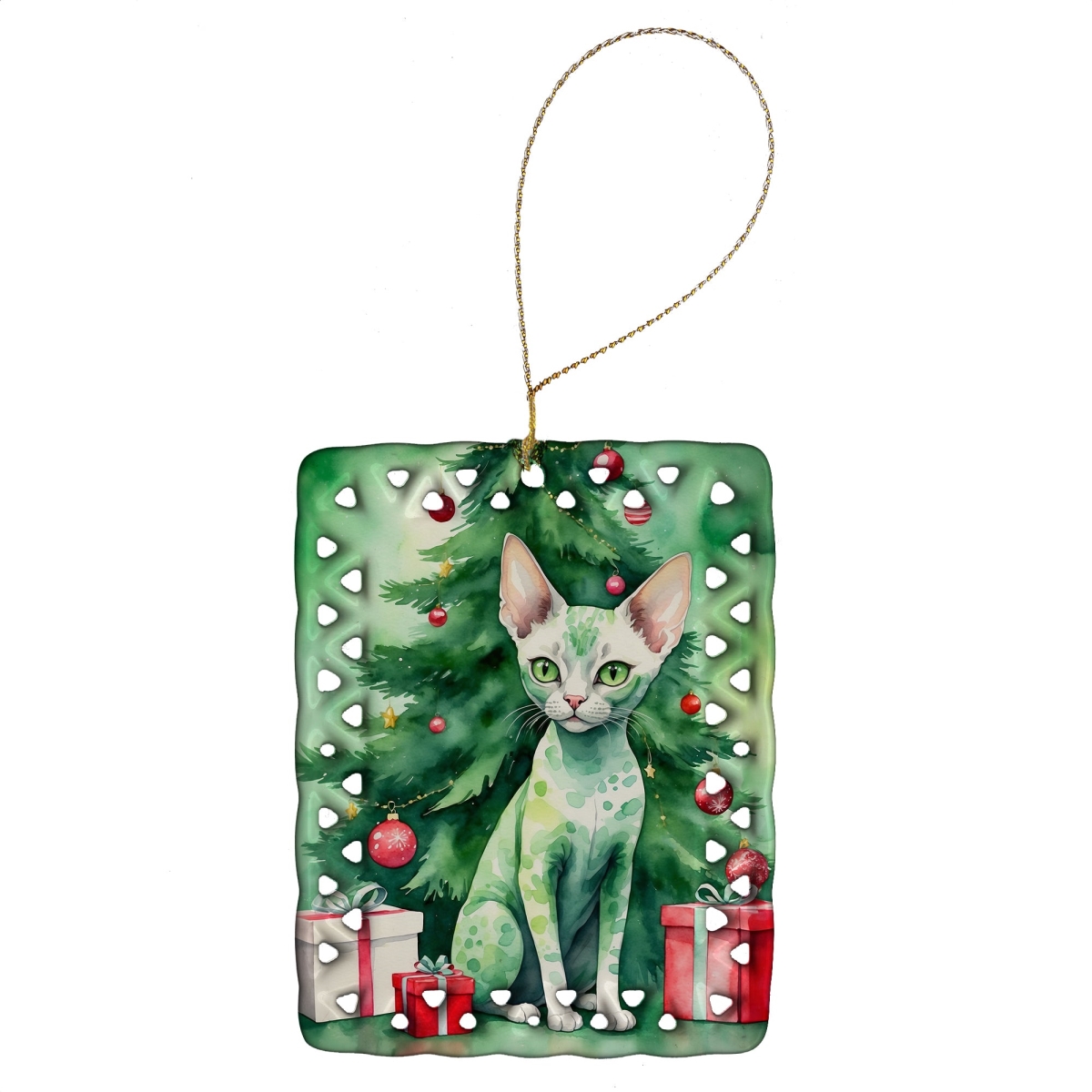 DAC7210CO2 3.4 x 2.6 in. Devon Rex Cat by the Christmas Tree Porcelain Ornament
