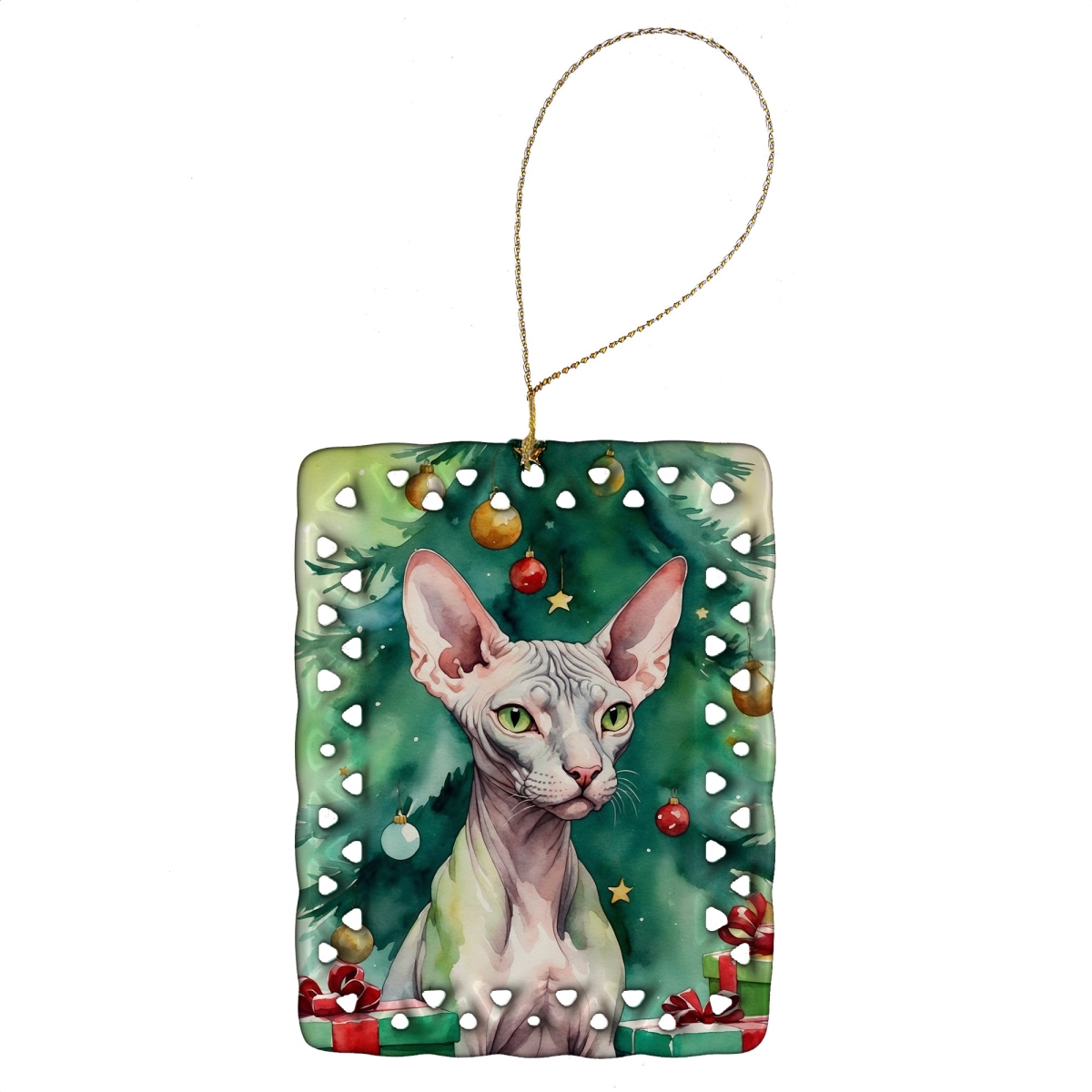 DAC7211CO2 3.4 x 2.6 in. Donskoy Don Sphynx Cat by the Christmas Tree Porcelain Ornament