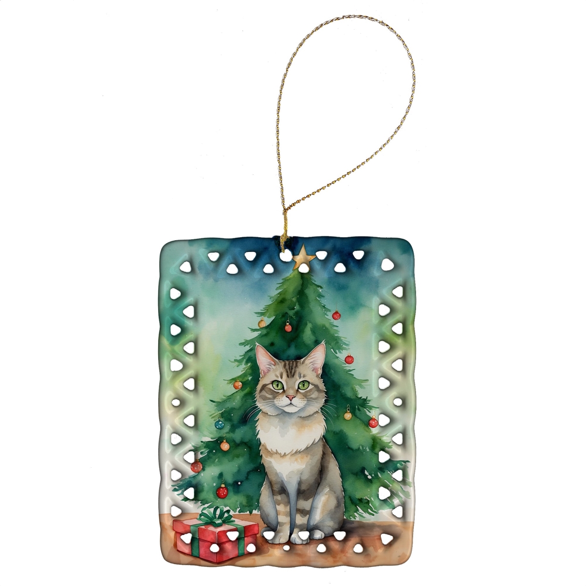 DAC7212CO2 3.4 x 2.6 in. Dwelf Cat by the Christmas Tree Porcelain Ornament