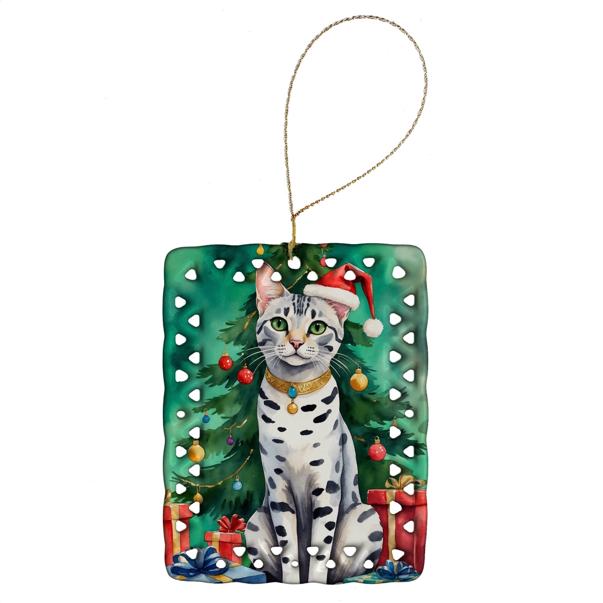 DAC7213CO2 3.4 x 2.6 in. Egyptian Mau Cat by the Christmas Tree Porcelain Ornament