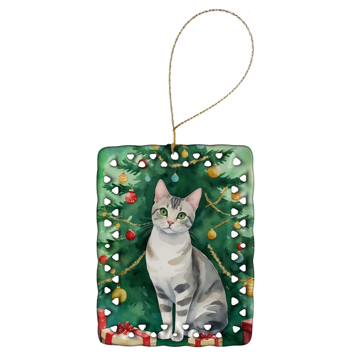 DAC7214CO2 3.4 x 2.6 in. European Shorthair Cat by the Christmas Tree Porcelain Ornament