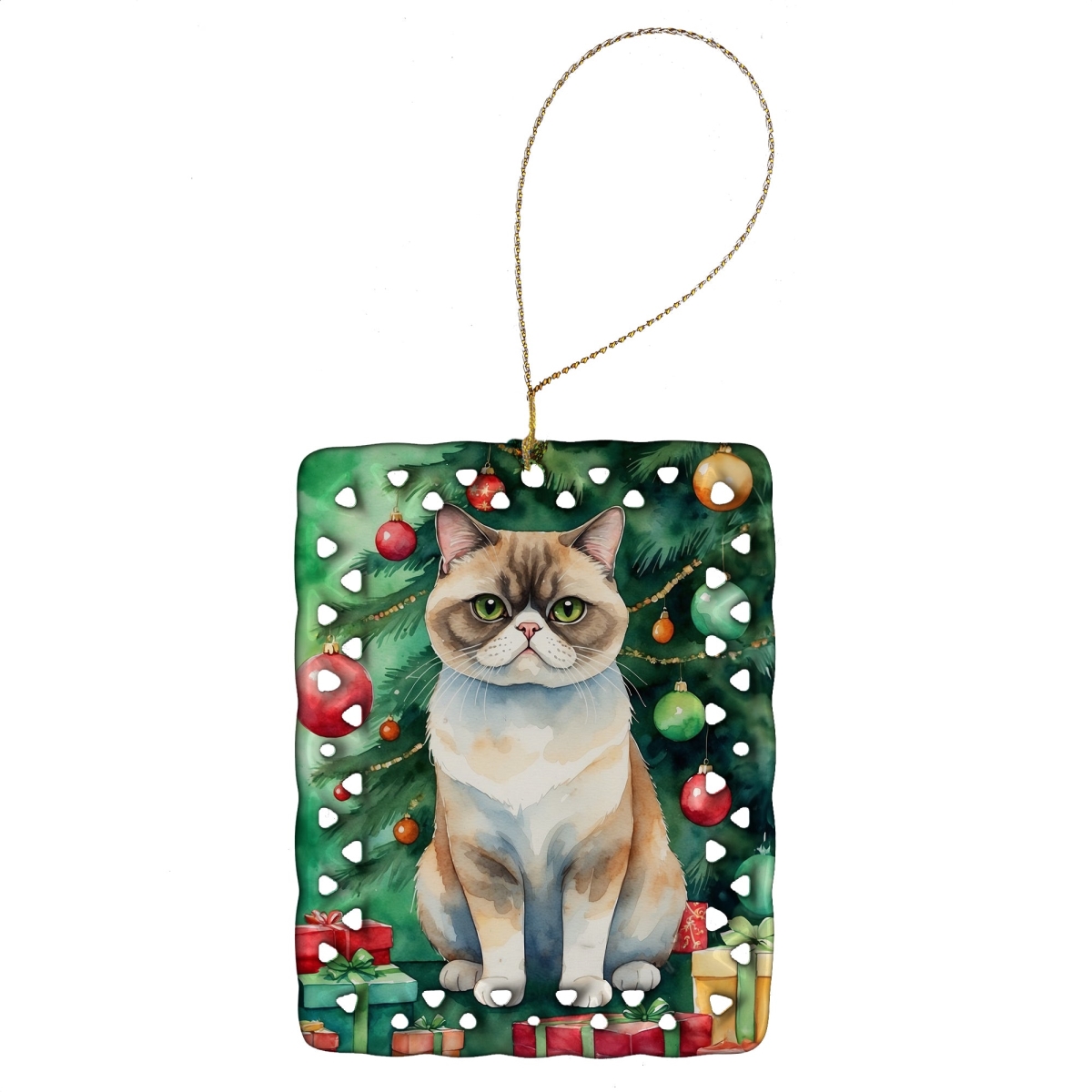 DAC7215CO2 3.4 x 2.6 in. Exotic Shorthair Cat by the Christmas Tree Porcelain Ornament
