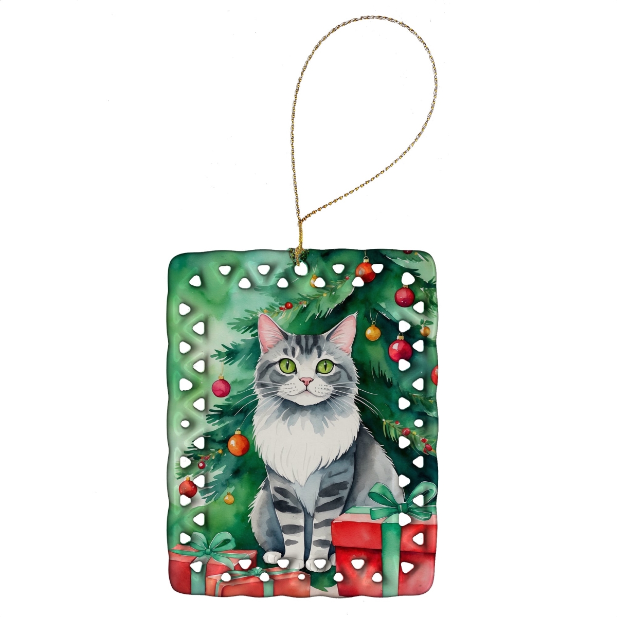 DAC7216CO2 3.4 x 2.6 in. Foldex Exotic Fold Cat by the Christmas Tree Porcelain Ornament