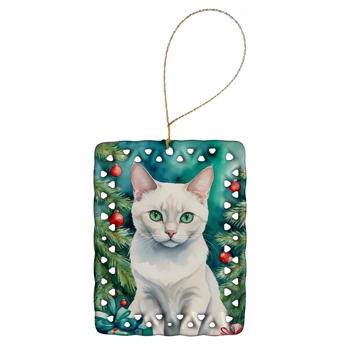 DAC7217CO2 3.4 x 2.6 in. Foreign White Cat by the Christmas Tree Porcelain Ornament