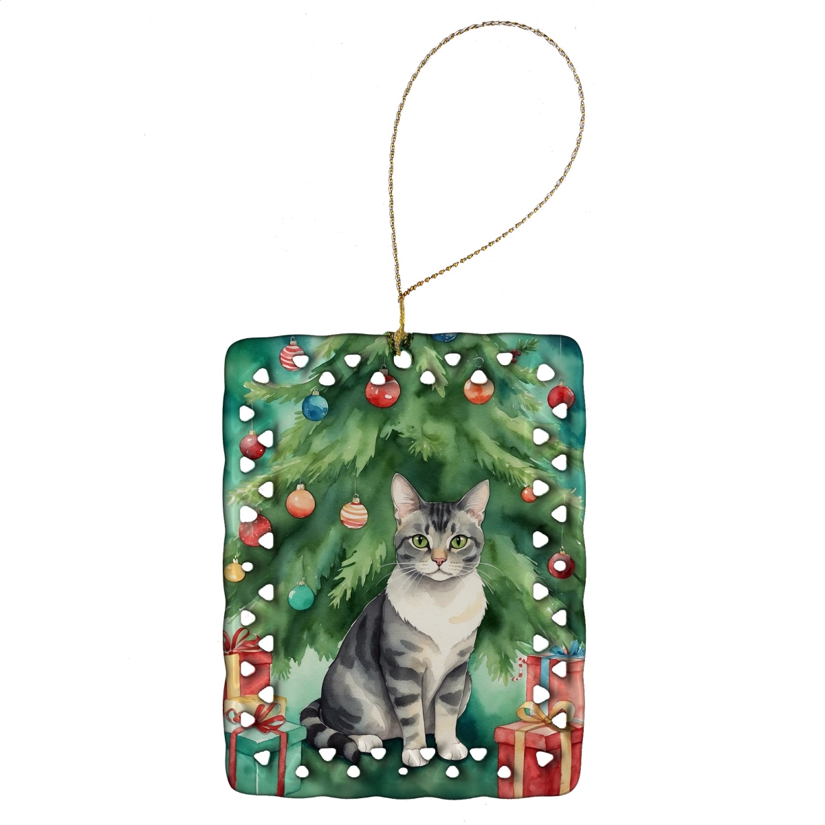 DAC7218CO2 3.4 x 2.6 in. German Rex Cat by the Christmas Tree Porcelain Ornament