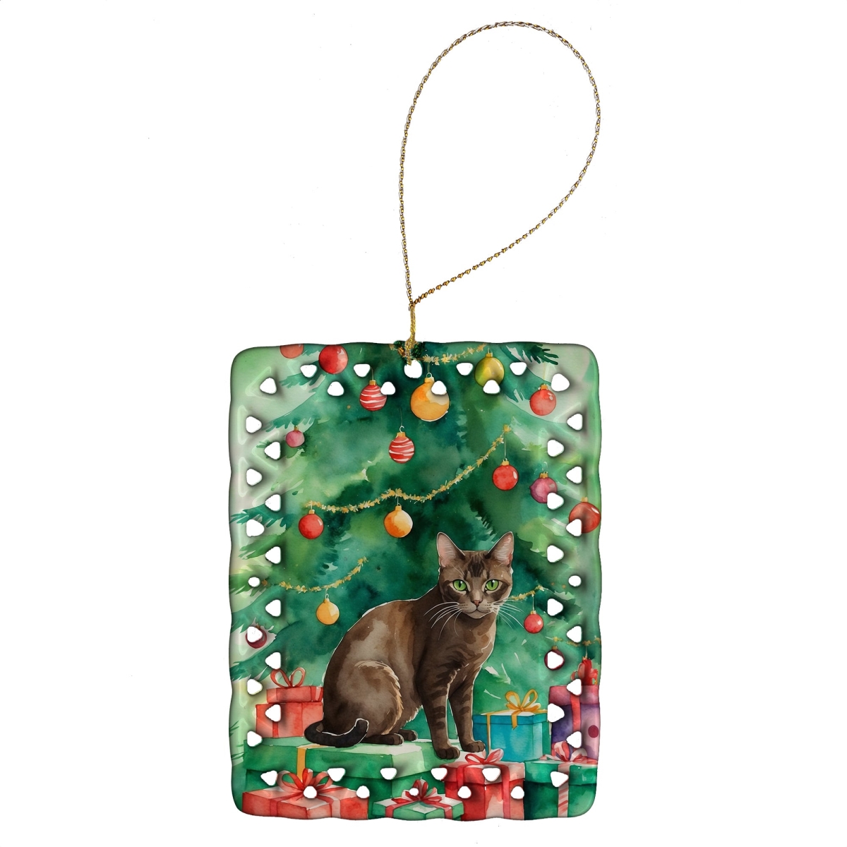 DAC7219CO2 3.4 x 2.6 in. Havana Brown Cat by the Christmas Tree Porcelain Ornament