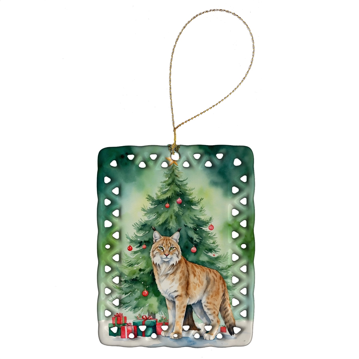 DAC7220CO2 3.4 x 2.6 in. Highlander Lynx Cat by the Christmas Tree Porcelain Ornament