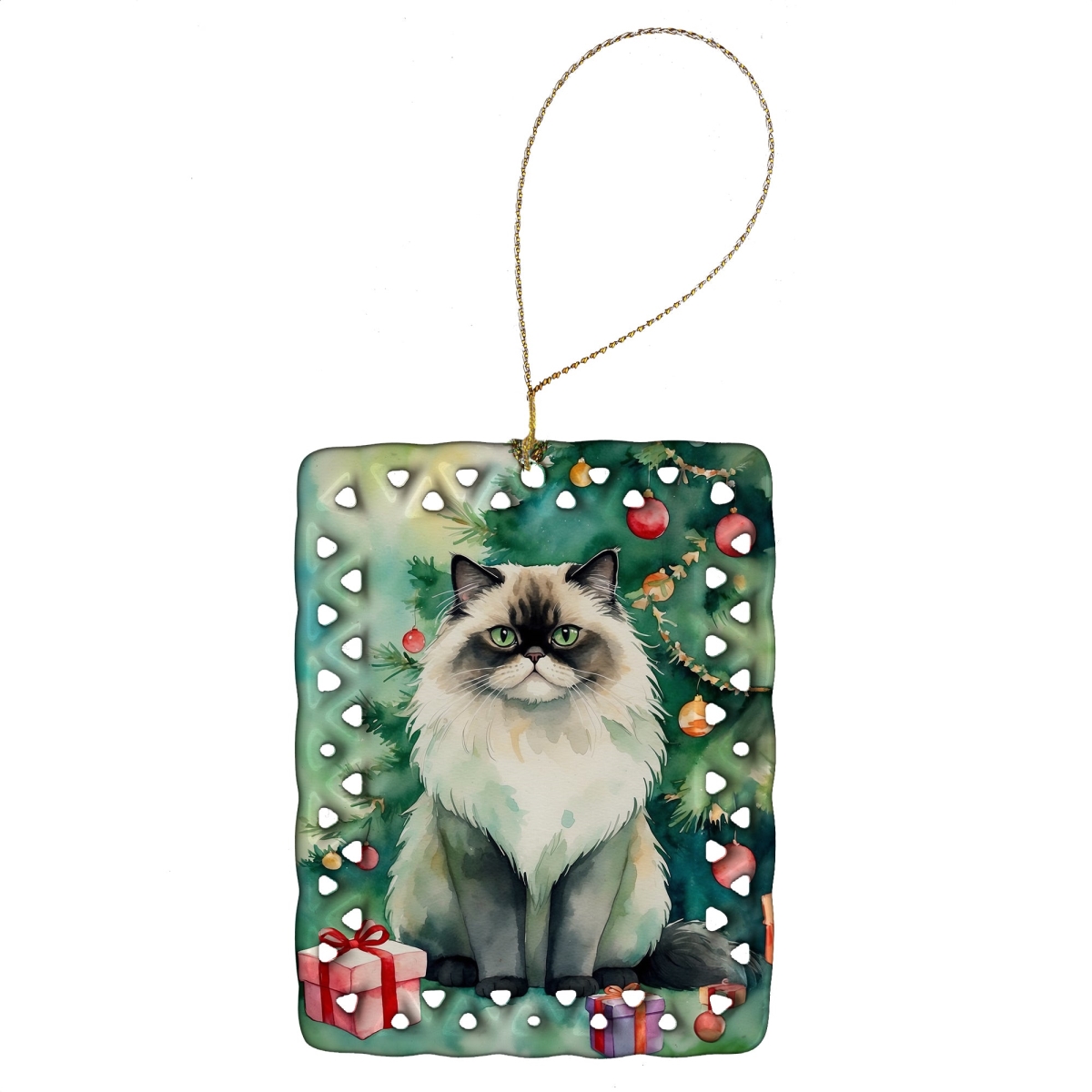 DAC7221CO2 3.4 x 2.6 in. Himalayan Cat by the Christmas Tree Porcelain Ornament