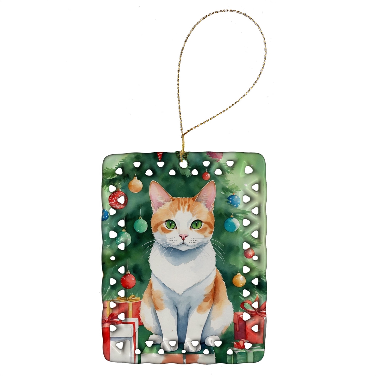 DAC7222CO2 3.4 x 2.6 in. Japanese Bobtail Cat by the Christmas Tree Porcelain Ornament