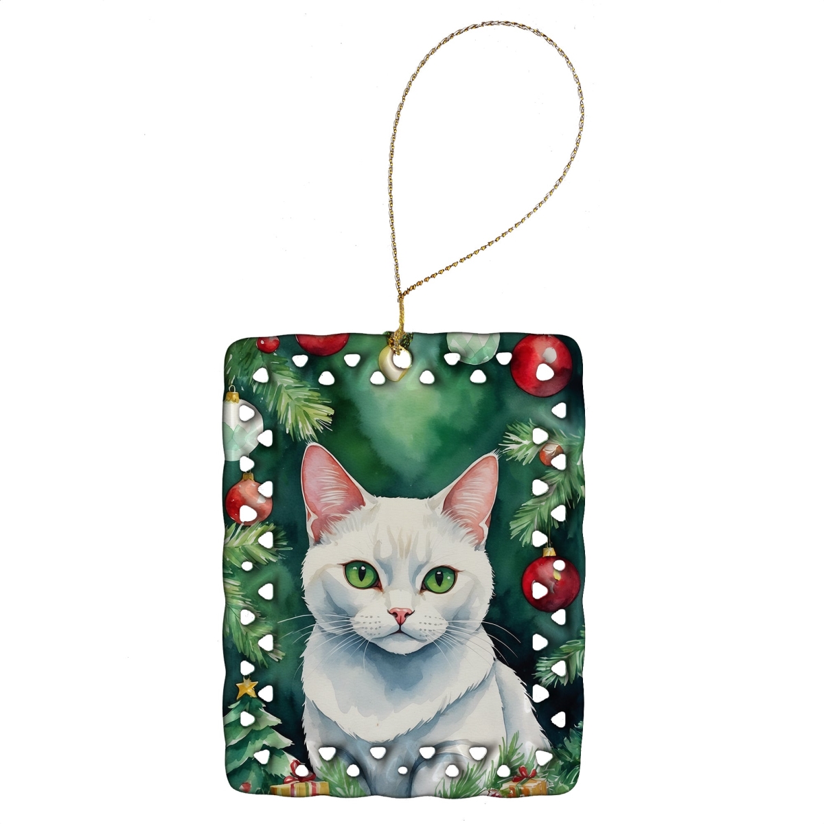 DAC7223CO2 3.4 x 2.6 in. Khao Manee Cat by the Christmas Tree Porcelain Ornament