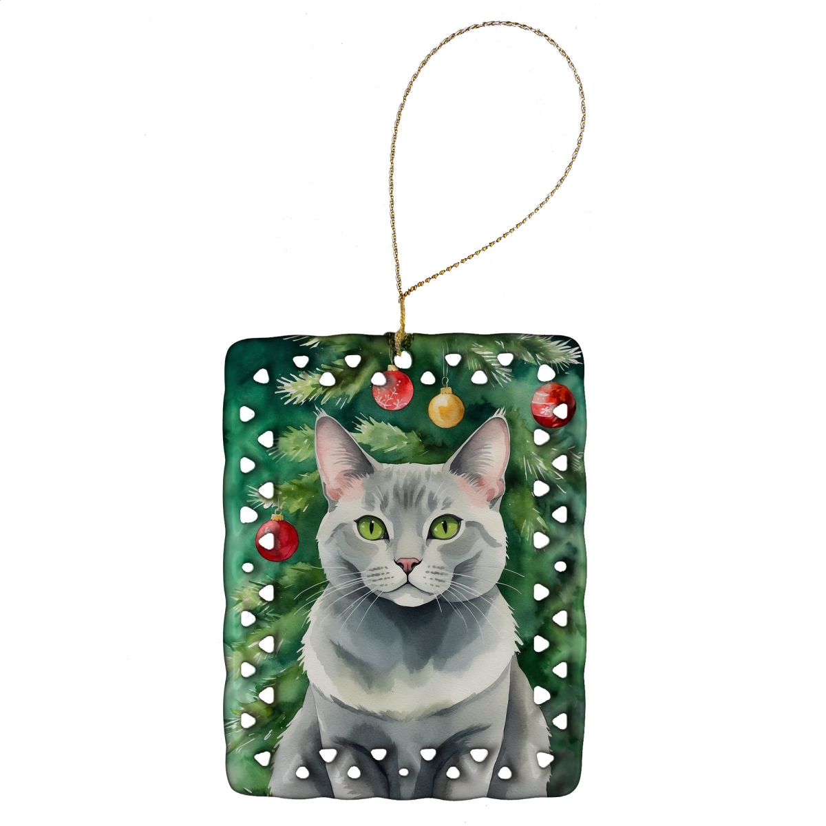 DAC7224CO2 3.4 x 2.6 in. Korat Cat by the Christmas Tree Porcelain Ornament