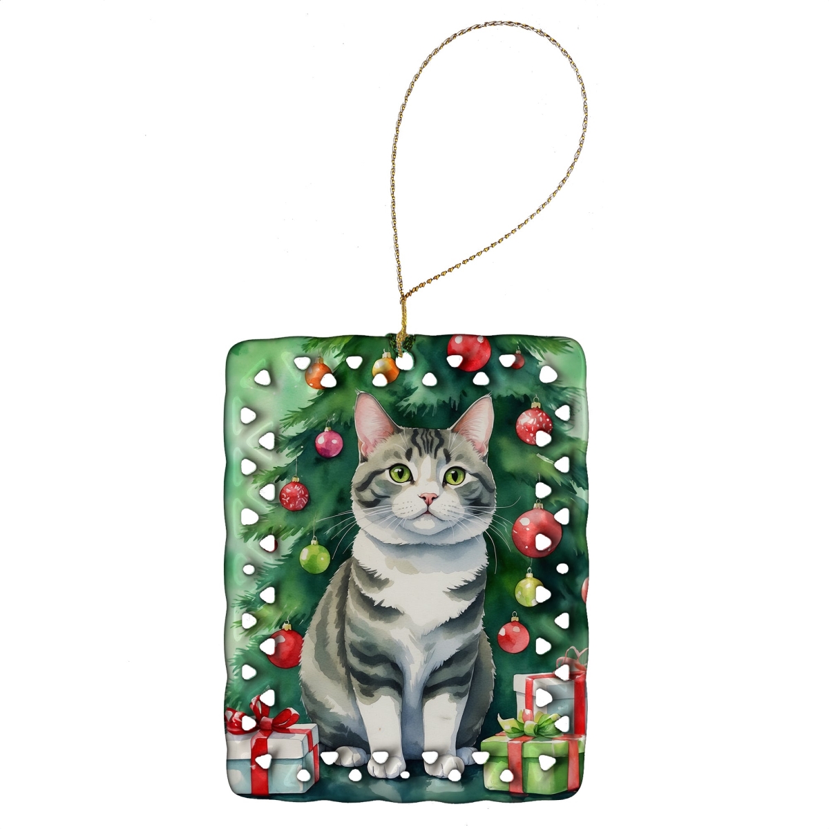 DAC7225CO2 3.4 x 2.6 in. Korean Bobtail Cat by the Christmas Tree Porcelain Ornament