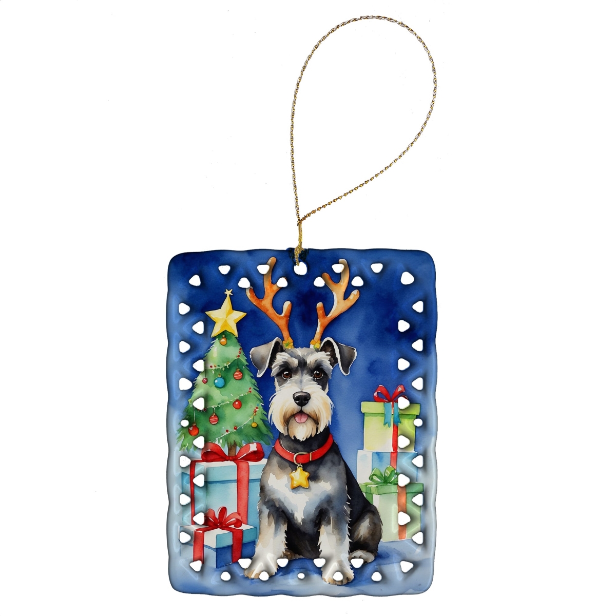 Schnauzer Christmas Reindeer Ornament - White - 3.4 x 2.6 in. - Customizable Back