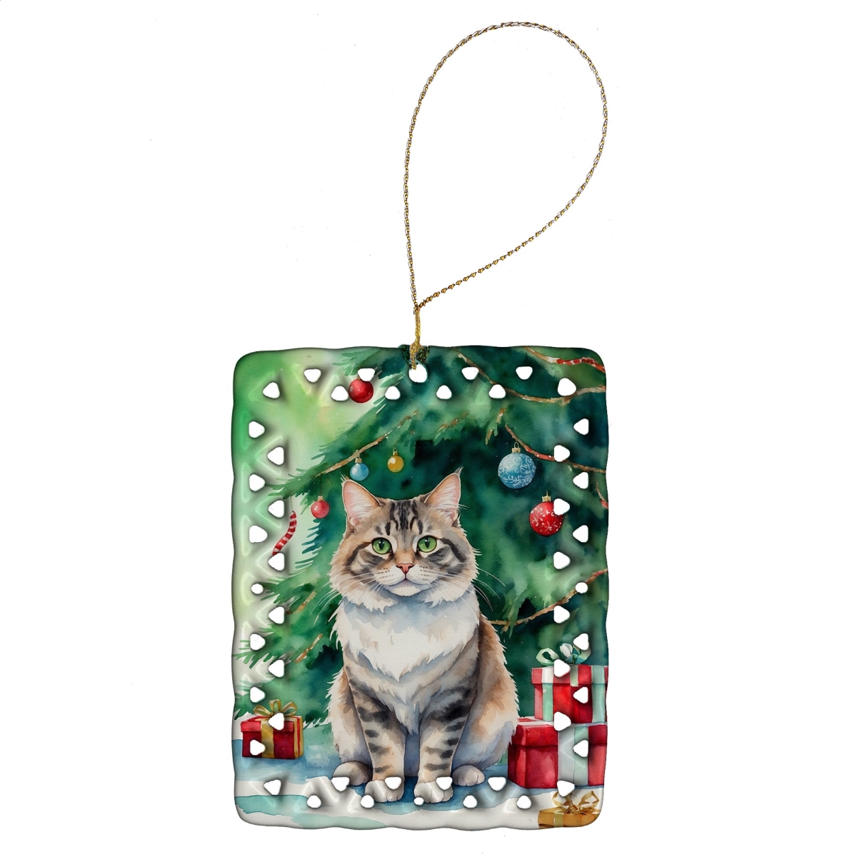 DAC7226CO2 3.4 x 2.6 in. Kurilian Bobtail Cat by the Christmas Tree Porcelain Ornament