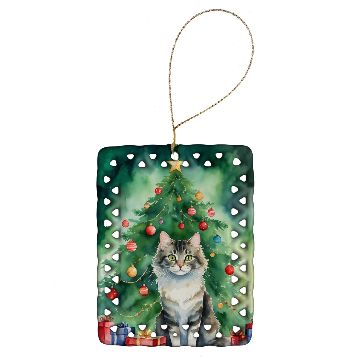 DAC7227CO2 3.4 x 2.6 in. La Perm Cat by the Christmas Tree Porcelain Ornament