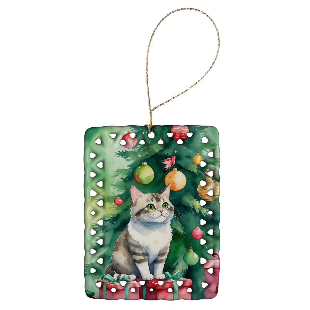 DAC7228CO2 3.4 x 2.6 in. Li Hua Cat by the Christmas Tree Porcelain Ornament