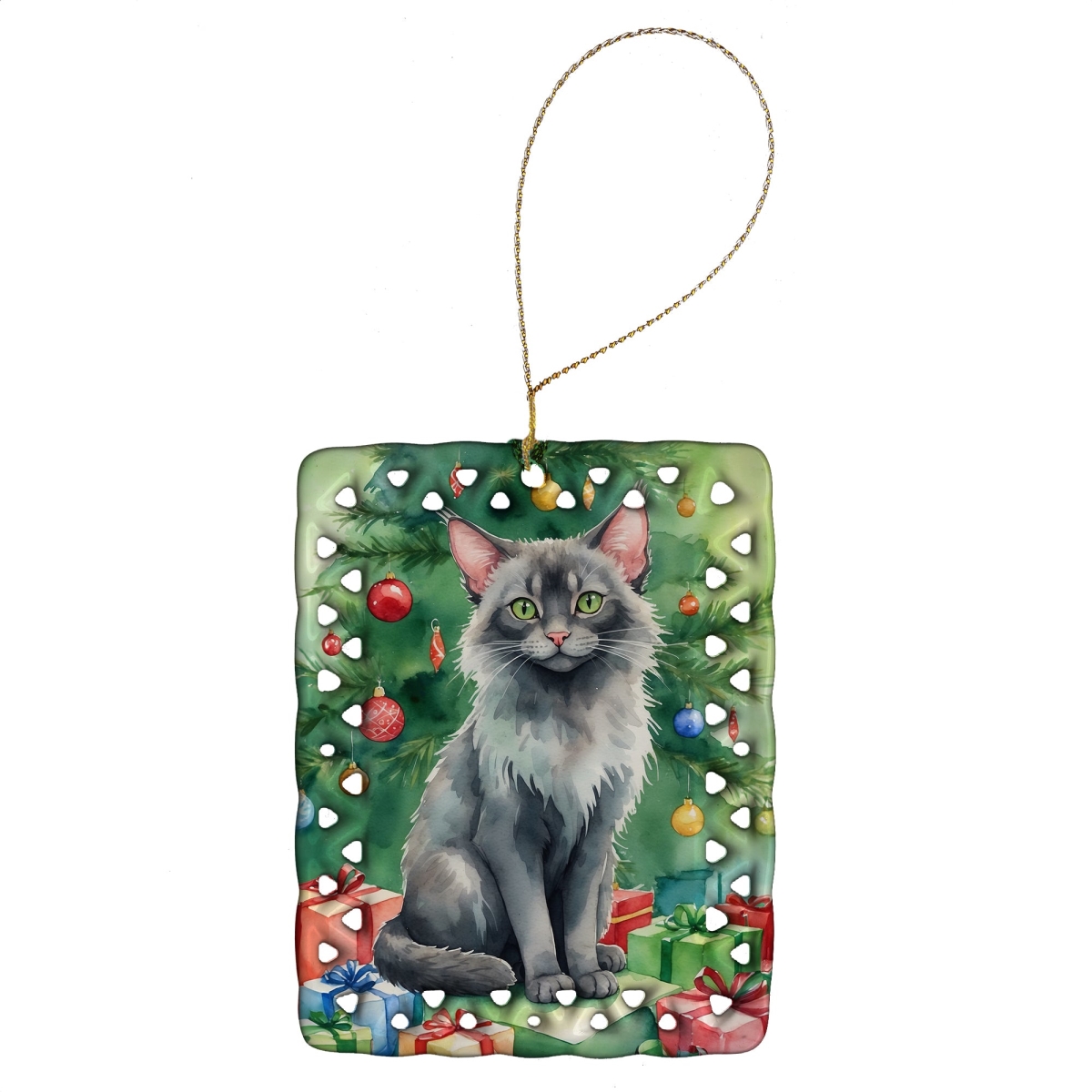 DAC7229CO2 3.4 x 2.6 in. Lykoi Cat by the Christmas Tree Porcelain Ornament