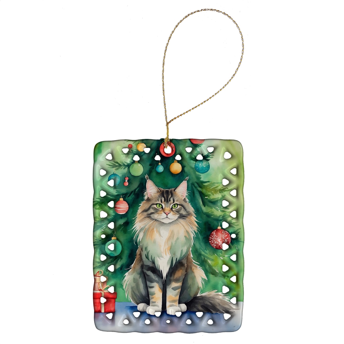 DAC7230CO2 3.4 x 2.6 in. MaineCoon Cat by the Christmas Tree Porcelain Ornament