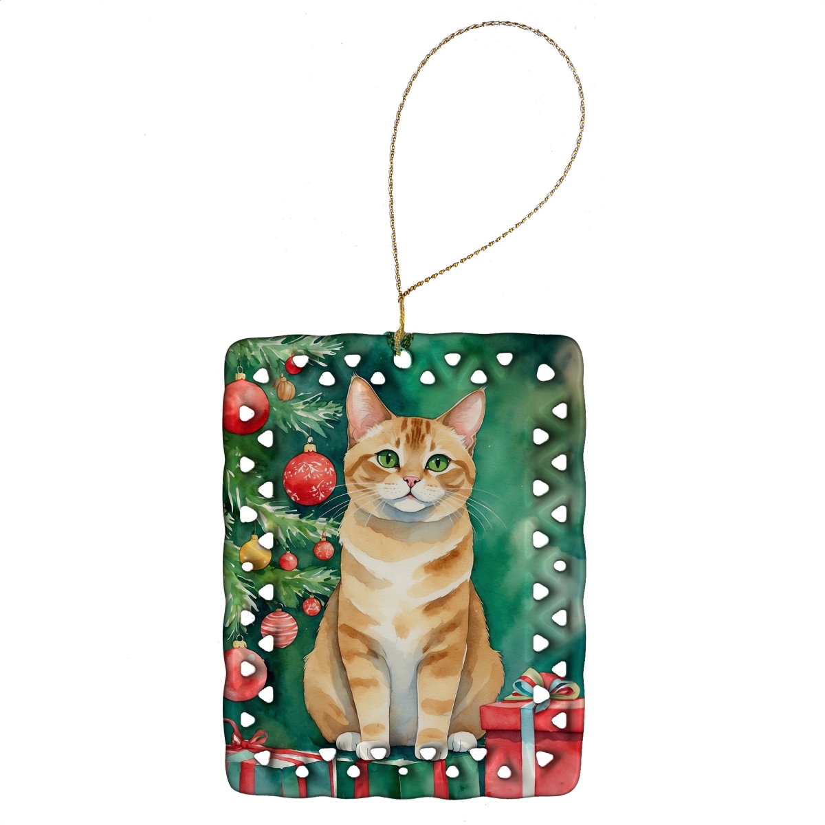 DAC7231CO2 3.4 x 2.6 in. Malayan Cat by the Christmas Tree Porcelain Ornament