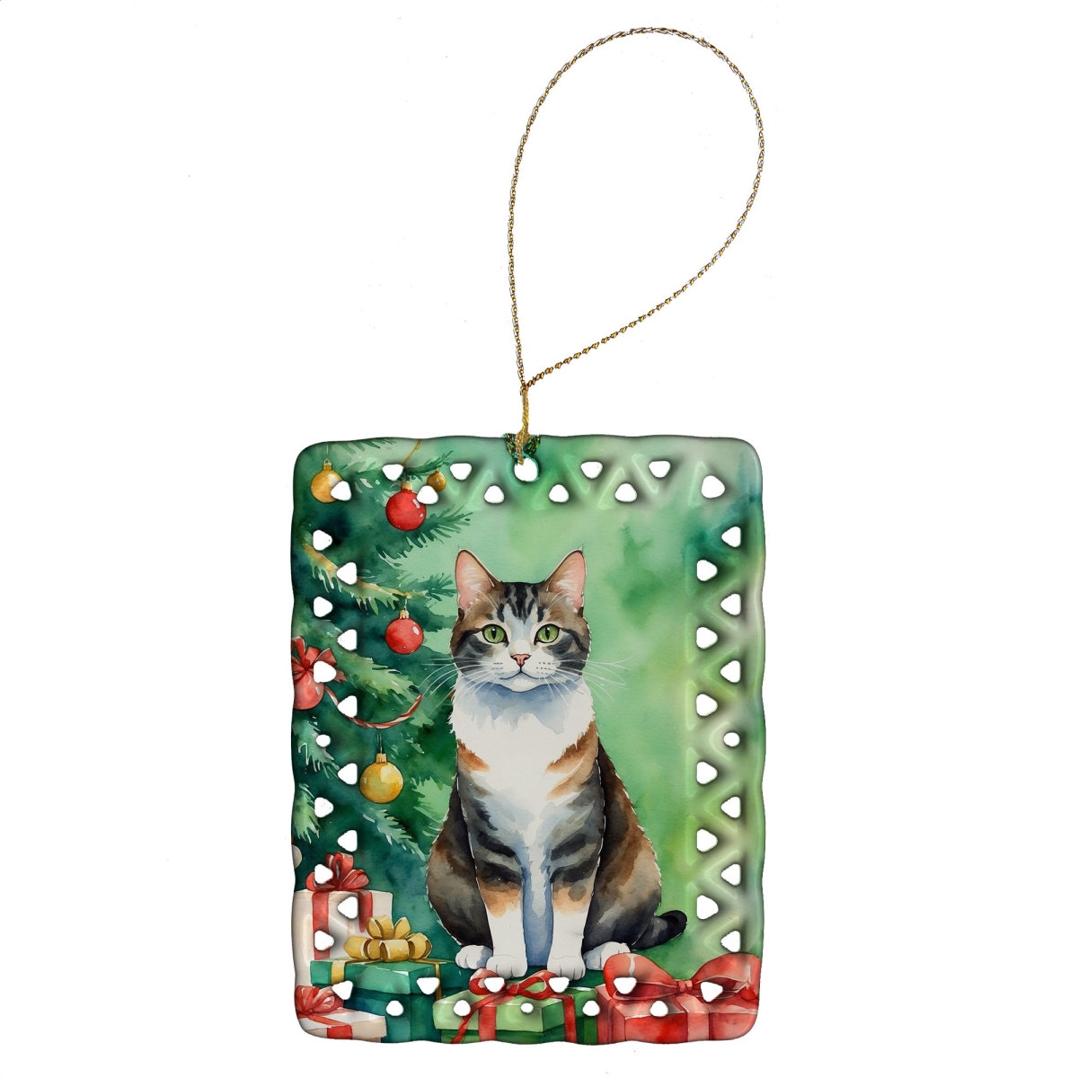 DAC7232CO2 3.4 x 2.6 in. Manx Cat by the Christmas Tree Porcelain Ornament