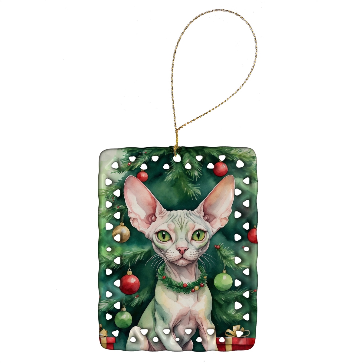 DAC7233CO2 3.4 x 2.6 in. Minskin Cat by the Christmas Tree Porcelain Ornament