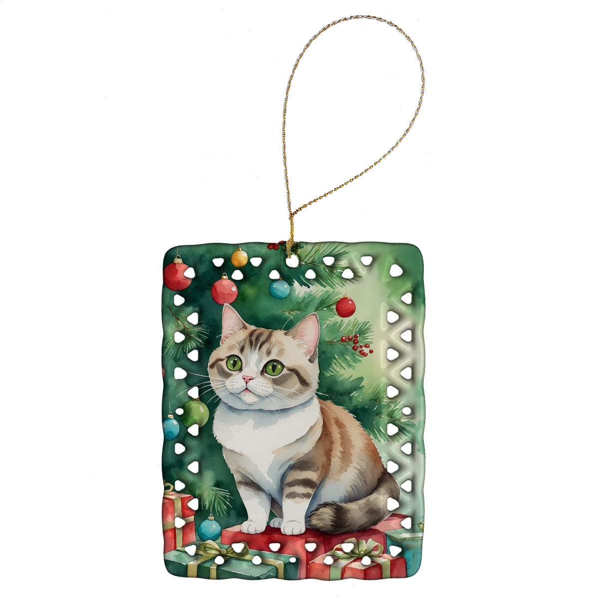 DAC7234CO2 3.4 x 2.6 in. Munchkin Cat by the Christmas Tree Porcelain Ornament