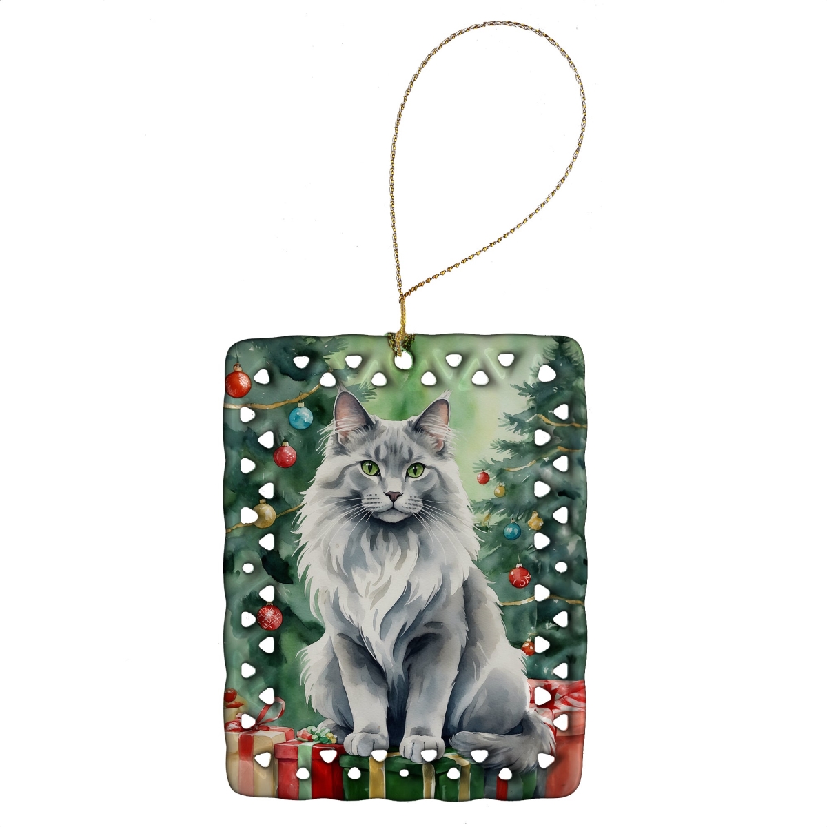 DAC7235CO2 3.4 x 2.6 in. Nebelung Cat by the Christmas Tree Porcelain Ornament