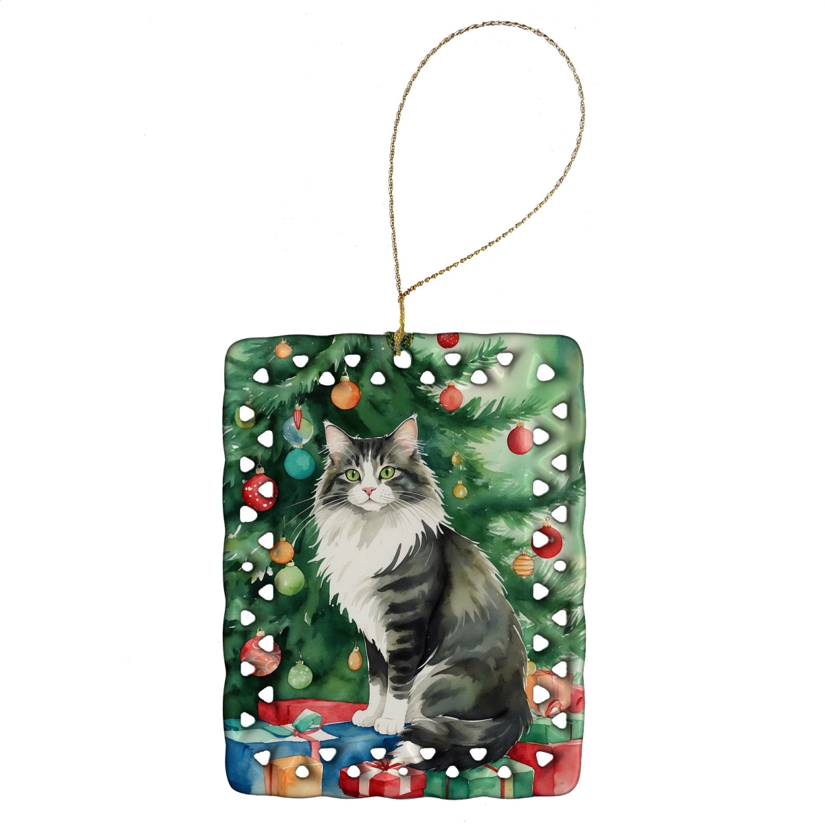 DAC7236CO2 3.4 x 2.6 in. Norwegian Forest Cat by the Christmas Tree Porcelain Ornament