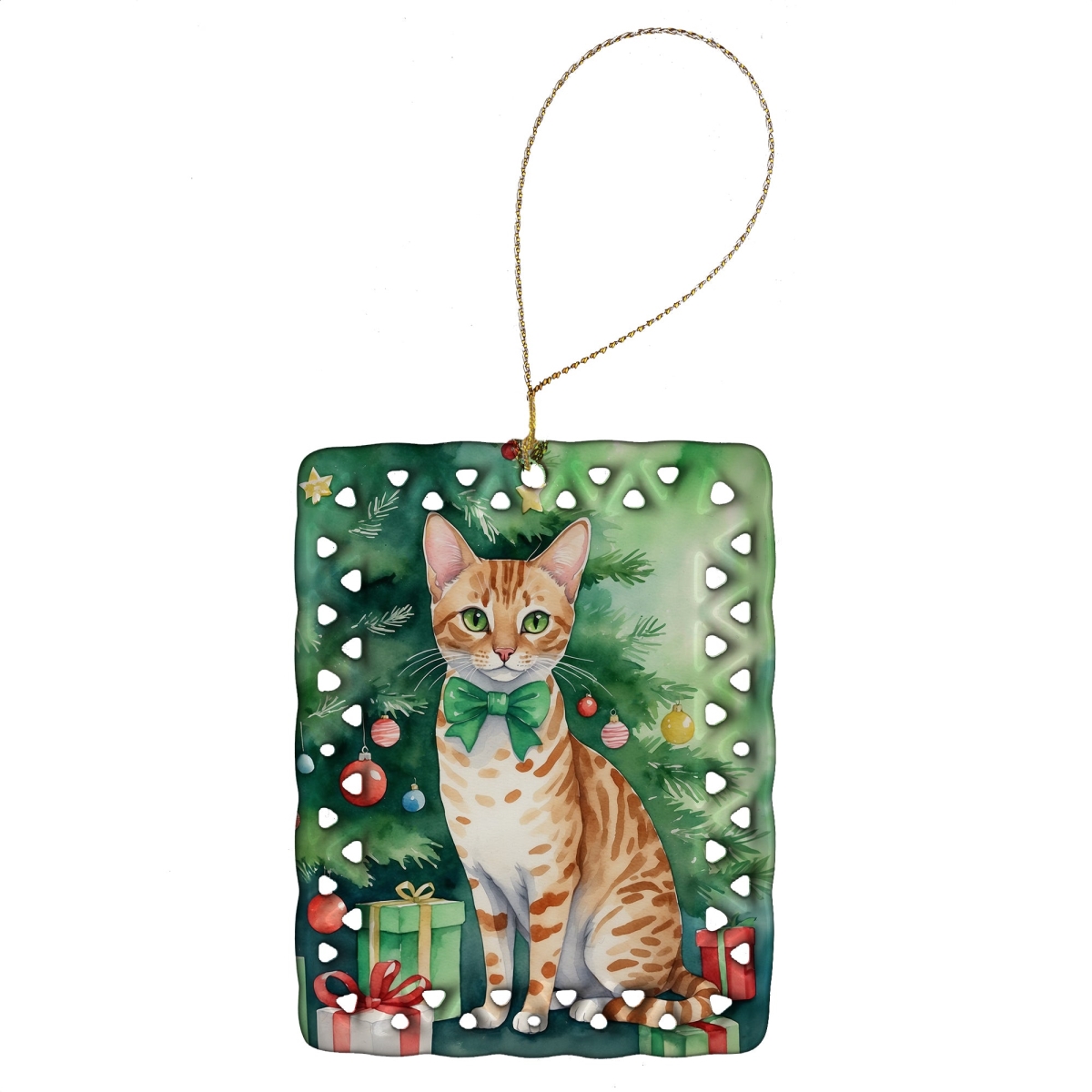 DAC7237CO2 3.4 x 2.6 in. Ocicat Cat by the Christmas Tree Porcelain Ornament