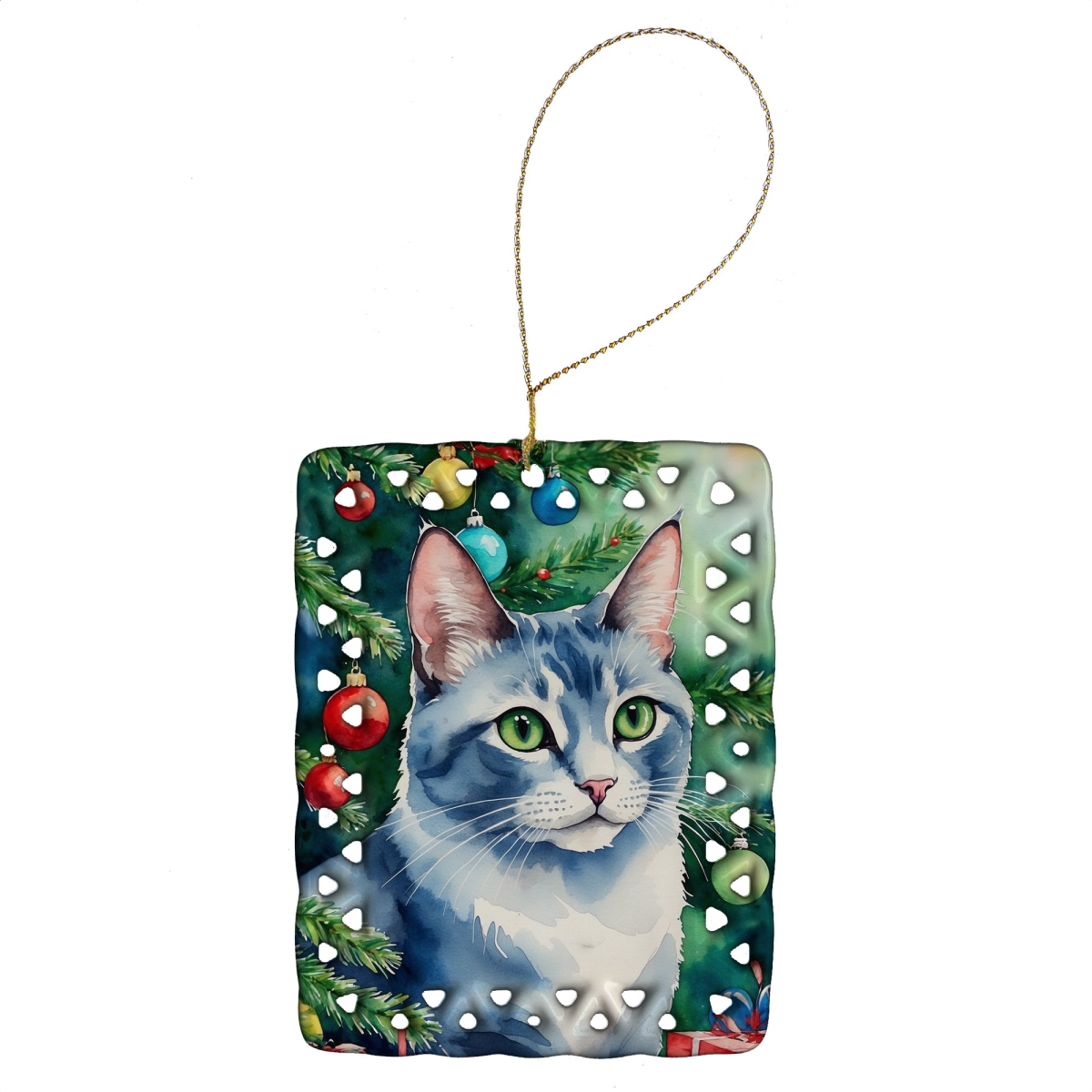 DAC7238CO2 3.4 x 2.6 in. Ojos Azules Cat by the Christmas Tree Porcelain Ornament
