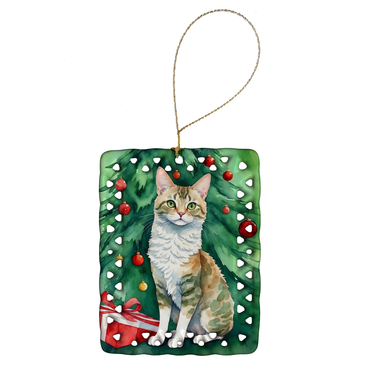 DAC7239CO2 3.4 x 2.6 in. Oregon Rex Cat by the Christmas Tree Porcelain Ornament